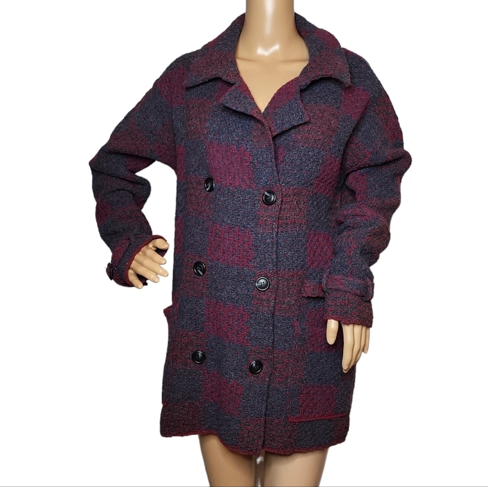 Free People wool knit plaid double breasted jacket.